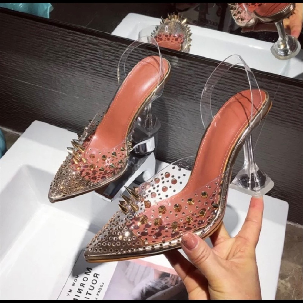 Transparent Clear Spiked Crystal Heels GOLD